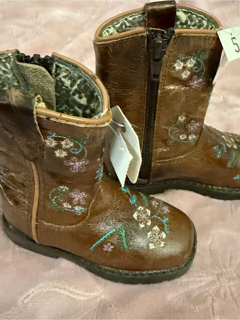 Shyanne Brown Leather Kids Floral Western Boots with Turquoise Accents